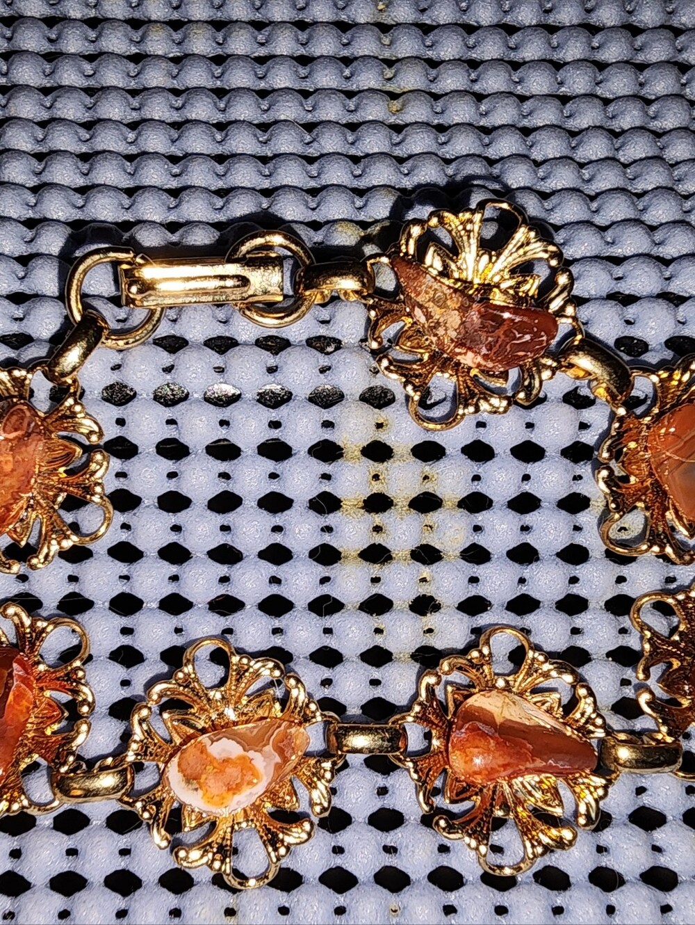 Gold Tone Cable Chain Charm Bracelet w/ 7 Orange Round Dangle Stones, Lobster